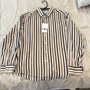 Zara Men's Striped Brown Button Down Shirt (L)